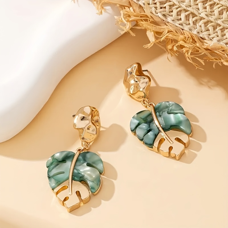 Elegant Bohemian Leaf Drop Earrings, Plated Acrylic Teardrop